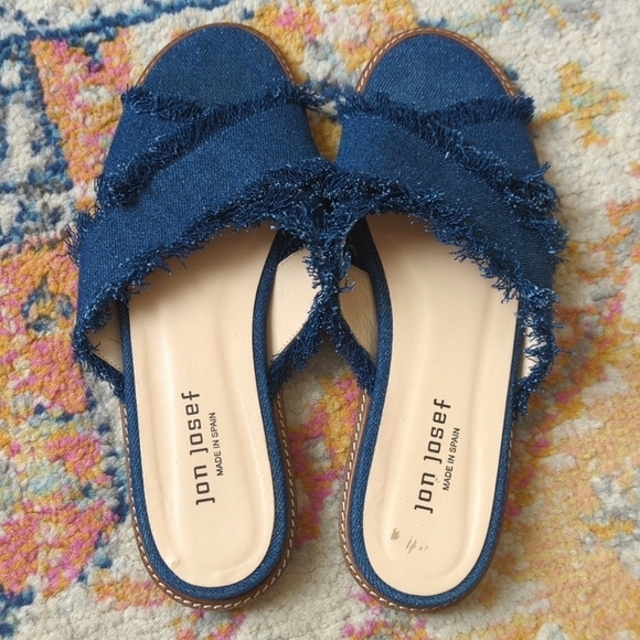 Jon Josef Noble Dark Wash Denim Frayed Criss Cross Open Toe Slide Sandals 9 - Picture 4 of 15